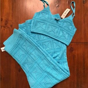 The Drop Turquoise Crochet Wide Leg Pant and Crop Tank Set